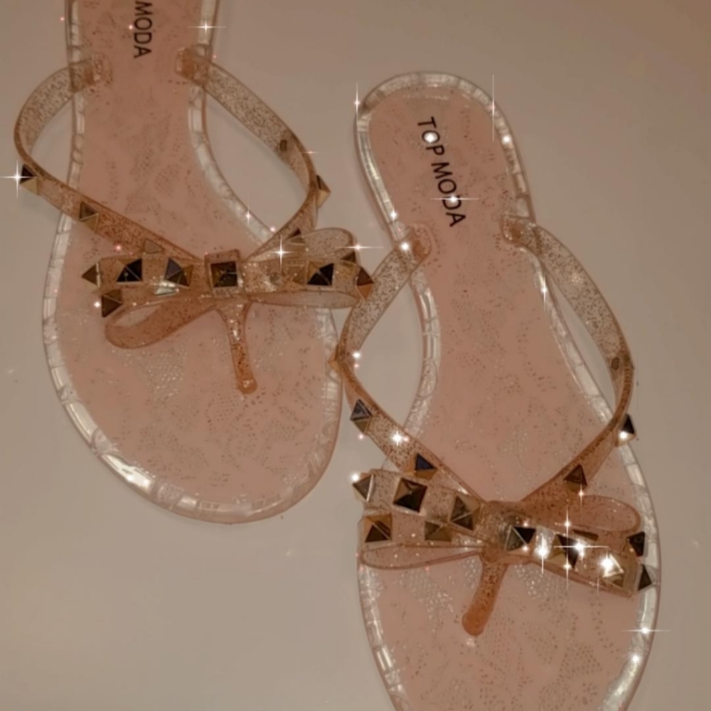 Clear glittery pink bow studded sandals